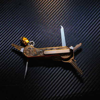Brass Engraverhand KeyBar Key and Tool Holder open back with titanium deep carry pocket clip, pick, and nail file, brass MagNuts, and aluminum Quick Key Tabs.